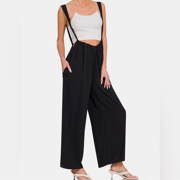 NWOT Zenana Nightly Affair Black Tie Back Suspenders Wide Leg Jumpsuit Small - Picture 2 of 3